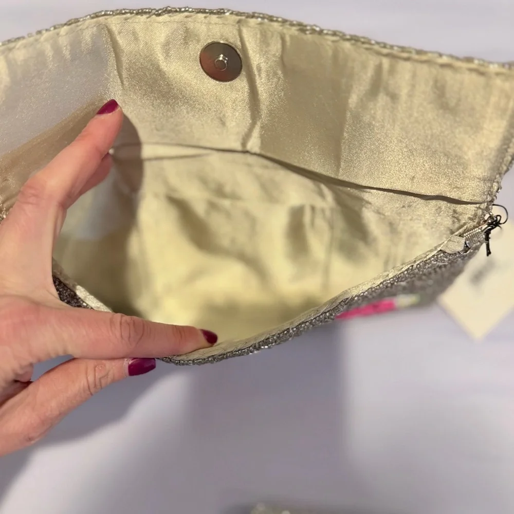 Rachel Zoe Silver Beaded Clutch with Pink Cocktail Motif w/ coin pouch